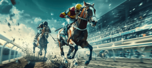 futuristic photo of horses with their jockeys during horse racing