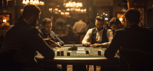 Five men playing poker at a casino