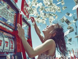 A woman enjoying one of the biggest slot wins ever with money falling from the sky